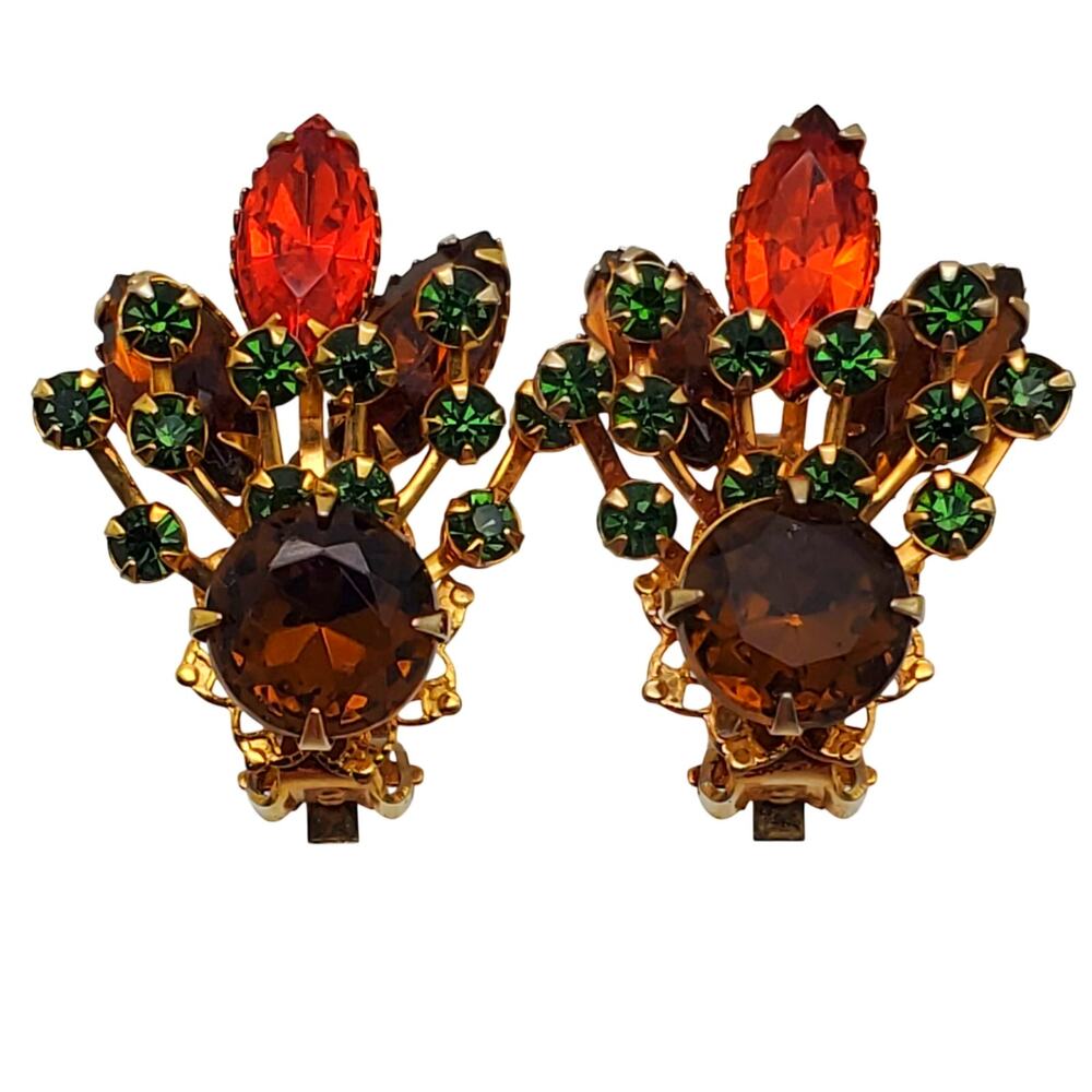 Autumn Rhinestone Clip Earrings Orange Green Topaz Floral Spray Harvest Fall Vtg - Picture 6 of 8